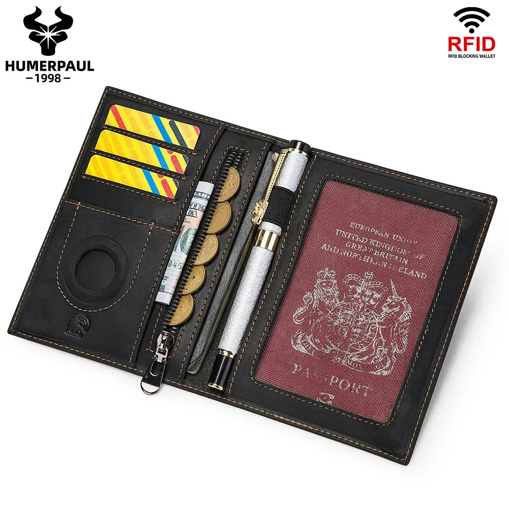 HUMERPAUL Passport Wallt with AirTag for Travel Essentials Crazy Horse Leather  RFID Credit Card Holder Pen Cover Money Bag