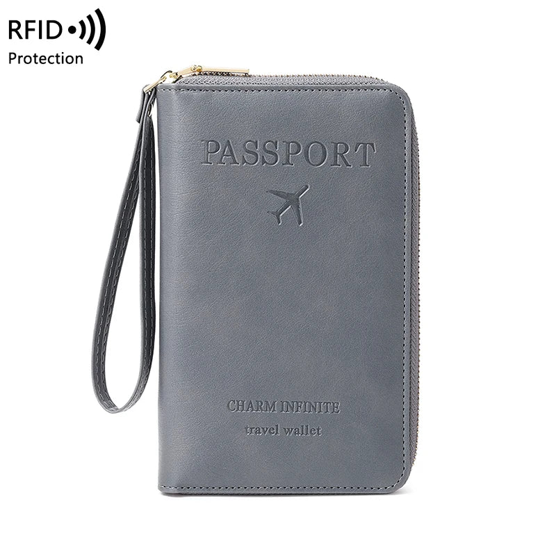 RFID Blocking Passport Holder, Travel Wallet, Ticket, Credit Card Bag, Multifunctional Zipper Wallet with Wrist Strap, Fashion