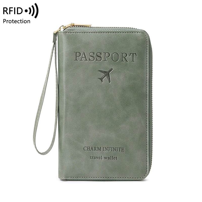 RFID Blocking Passport Holder, Travel Wallet, Ticket, Credit Card Bag, Multifunctional Zipper Wallet with Wrist Strap, Fashion