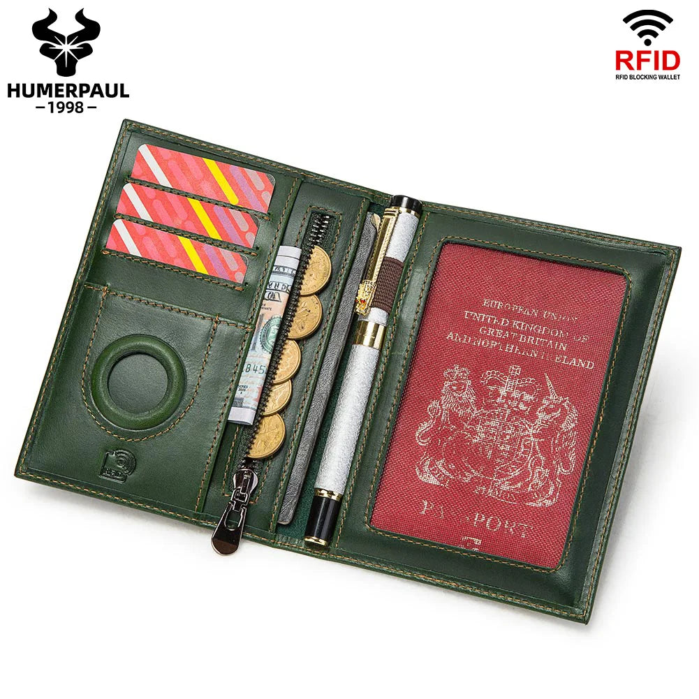 HUMERPAUL Passport Wallt with AirTag for Travel Essentials Crazy Horse Leather  RFID Credit Card Holder Pen Cover Money Bag