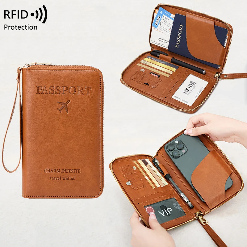 RFID Blocking Passport Holder, Travel Wallet, Ticket, Credit Card Bag, Multifunctional Zipper Wallet with Wrist Strap, Fashion