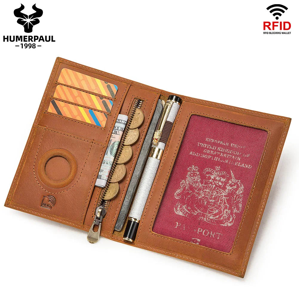 HUMERPAUL Passport Wallt with AirTag for Travel Essentials Crazy Horse Leather  RFID Credit Card Holder Pen Cover Money Bag