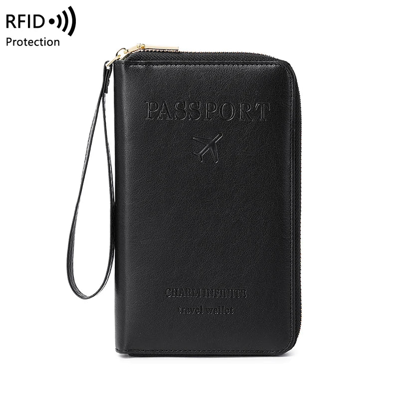 RFID Blocking Passport Holder, Travel Wallet, Ticket, Credit Card Bag, Multifunctional Zipper Wallet with Wrist Strap, Fashion