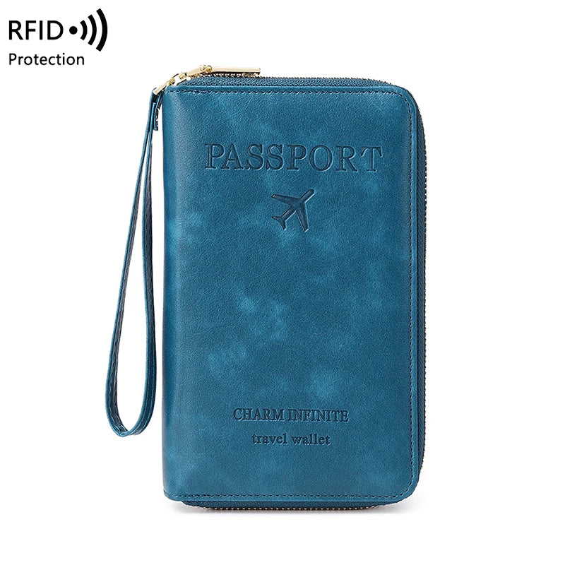 RFID Blocking Passport Holder, Travel Wallet, Ticket, Credit Card Bag, Multifunctional Zipper Wallet with Wrist Strap, Fashion