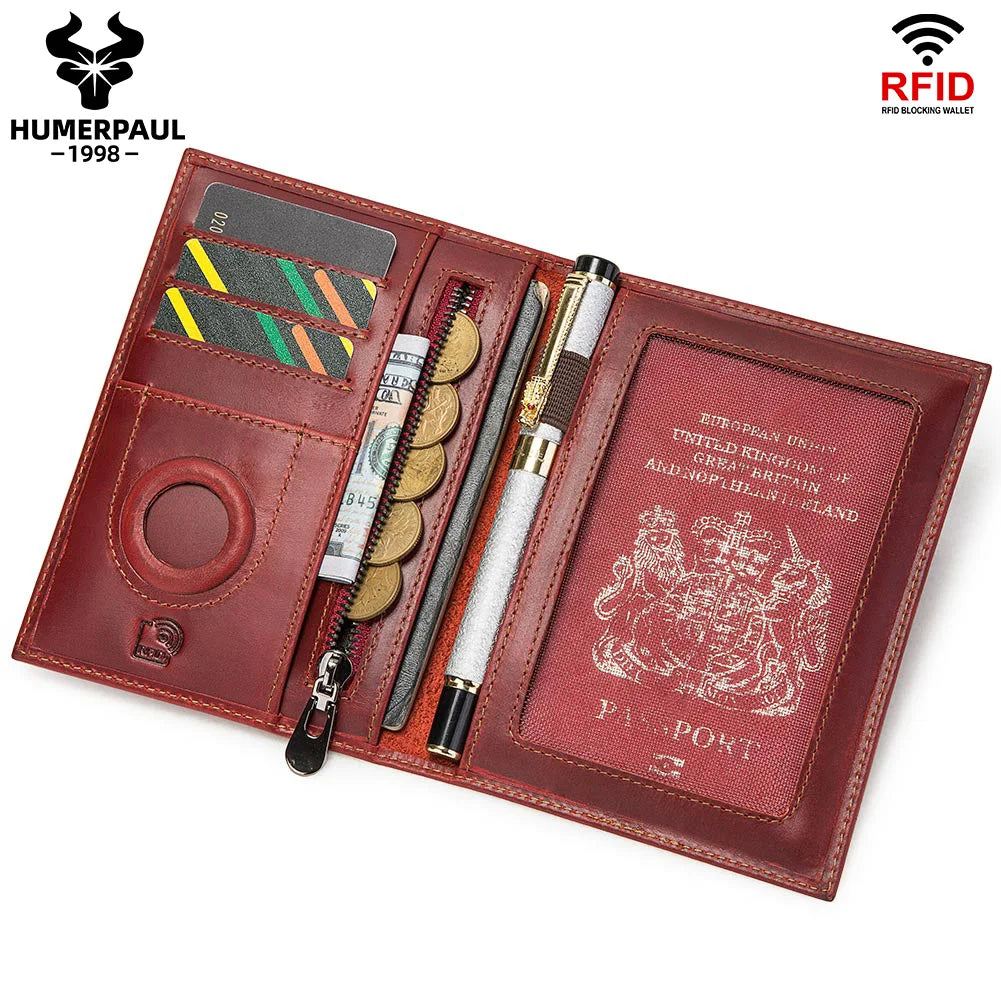 HUMERPAUL Passport Wallt with AirTag for Travel Essentials Crazy Horse Leather  RFID Credit Card Holder Pen Cover Money Bag