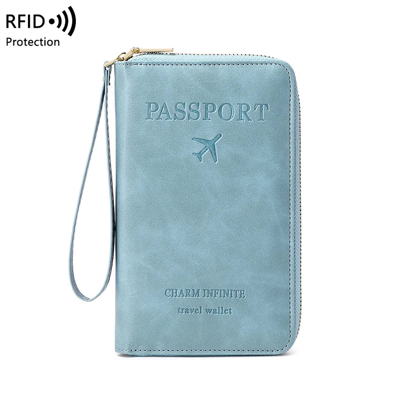RFID Blocking Passport Holder, Travel Wallet, Ticket, Credit Card Bag, Multifunctional Zipper Wallet with Wrist Strap, Fashion