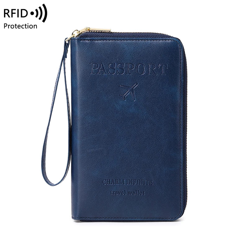 RFID Blocking Passport Holder, Travel Wallet, Ticket, Credit Card Bag, Multifunctional Zipper Wallet with Wrist Strap, Fashion