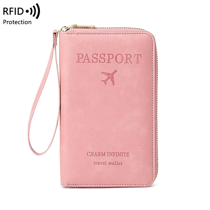 RFID Blocking Passport Holder, Travel Wallet, Ticket, Credit Card Bag, Multifunctional Zipper Wallet with Wrist Strap, Fashion