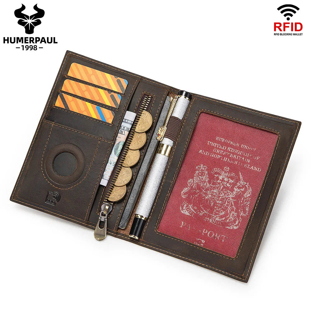 HUMERPAUL Passport Wallt with AirTag for Travel Essentials Crazy Horse Leather  RFID Credit Card Holder Pen Cover Money Bag