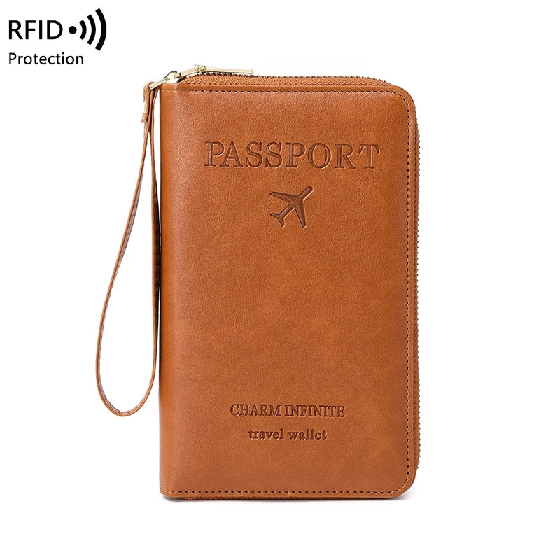 RFID Blocking Passport Holder, Travel Wallet, Ticket, Credit Card Bag, Multifunctional Zipper Wallet with Wrist Strap, Fashion